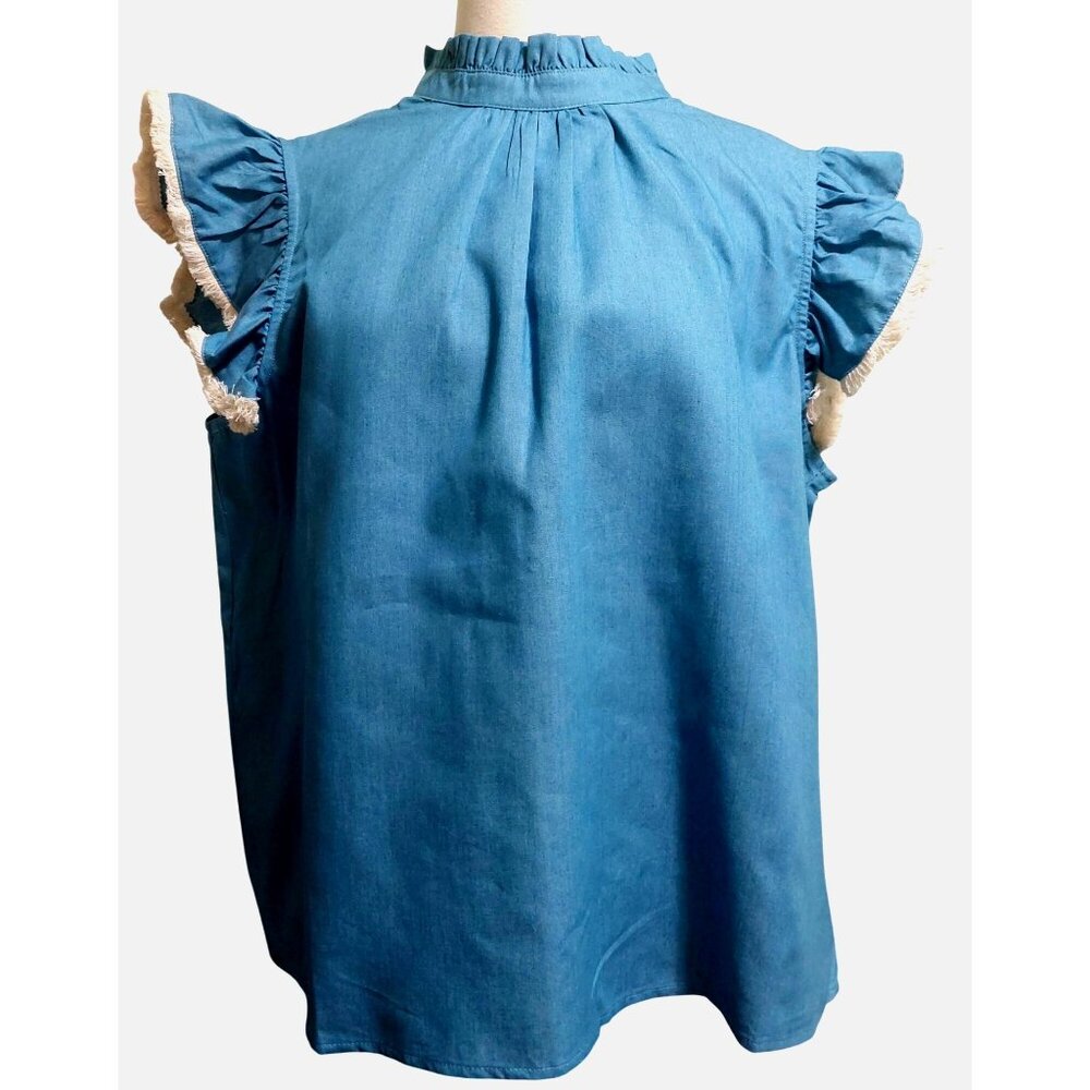 NWT Voy Blue Sleeveless Ruffle Top With Tie Back~Fringe Tip Sleeve~Size LARGE